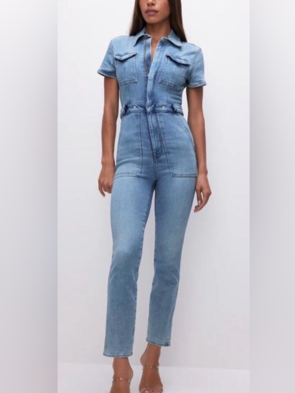 Good American Light Blue Short Sleeve Denim Jumpsuit